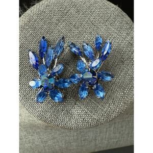 Vintage Judy Lee Rhinestone Climber Clip On Earrings Blue AB Starburst Atomic